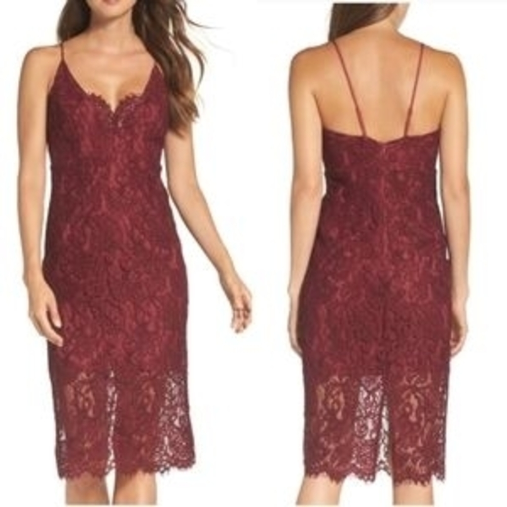 Bardot Burgundy Lace Cocktail Pencil Dress With Spaghetti Straps Sizs 6/S